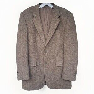 Monsieur Adolfo Brown 100% Wool Blazer 42L Mens Classic Jacket Herringbone